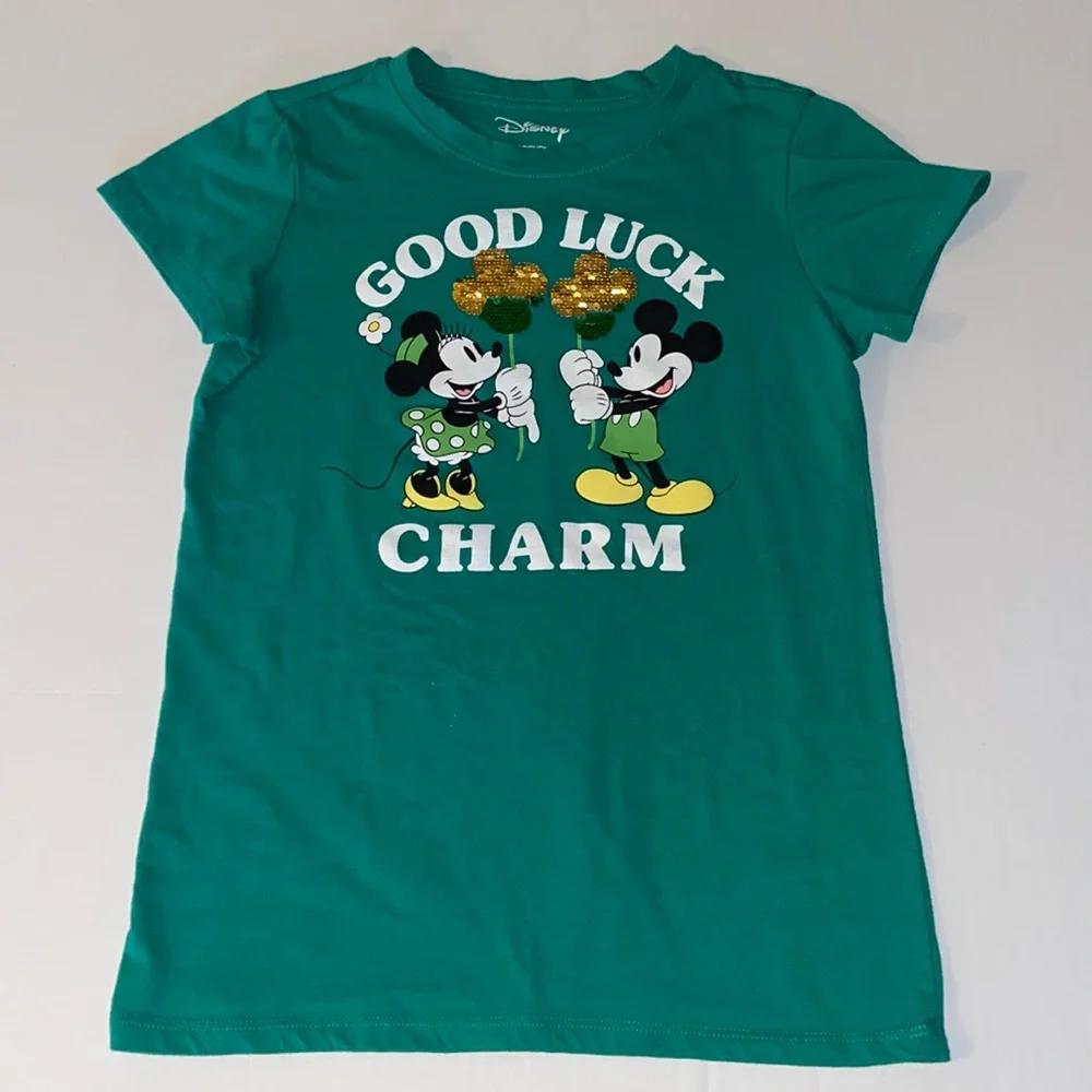 Disney Mickey and Minnie Green Good Luck Charm Short Sleeve Tee T-Shirt